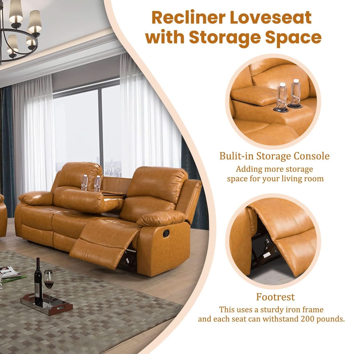 Manual Recliner Sofa Set Ginger Leather With Cup Holder