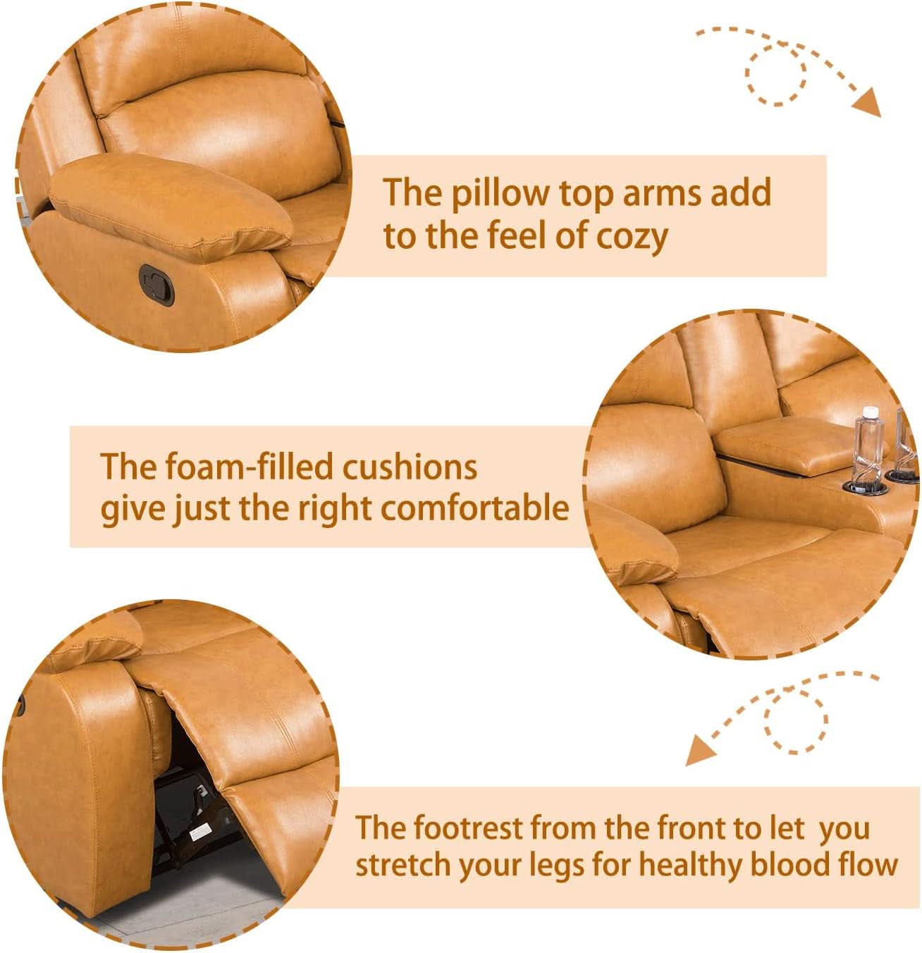 Manual Recliner Sofa Set Ginger Leather With Cup Holder