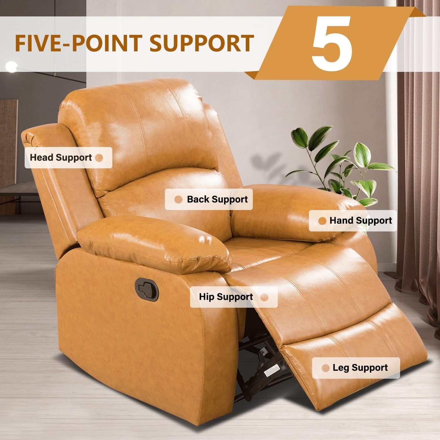 Manual Recliner Sofa Set Ginger Leather With Cup Holder
