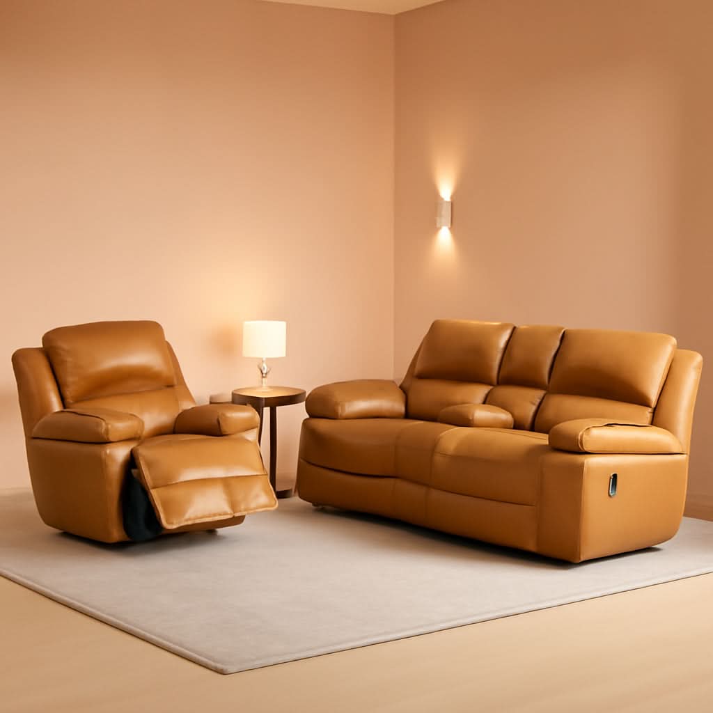 Manual Recliner Sofa Set Ginger Leather With Cup Holder