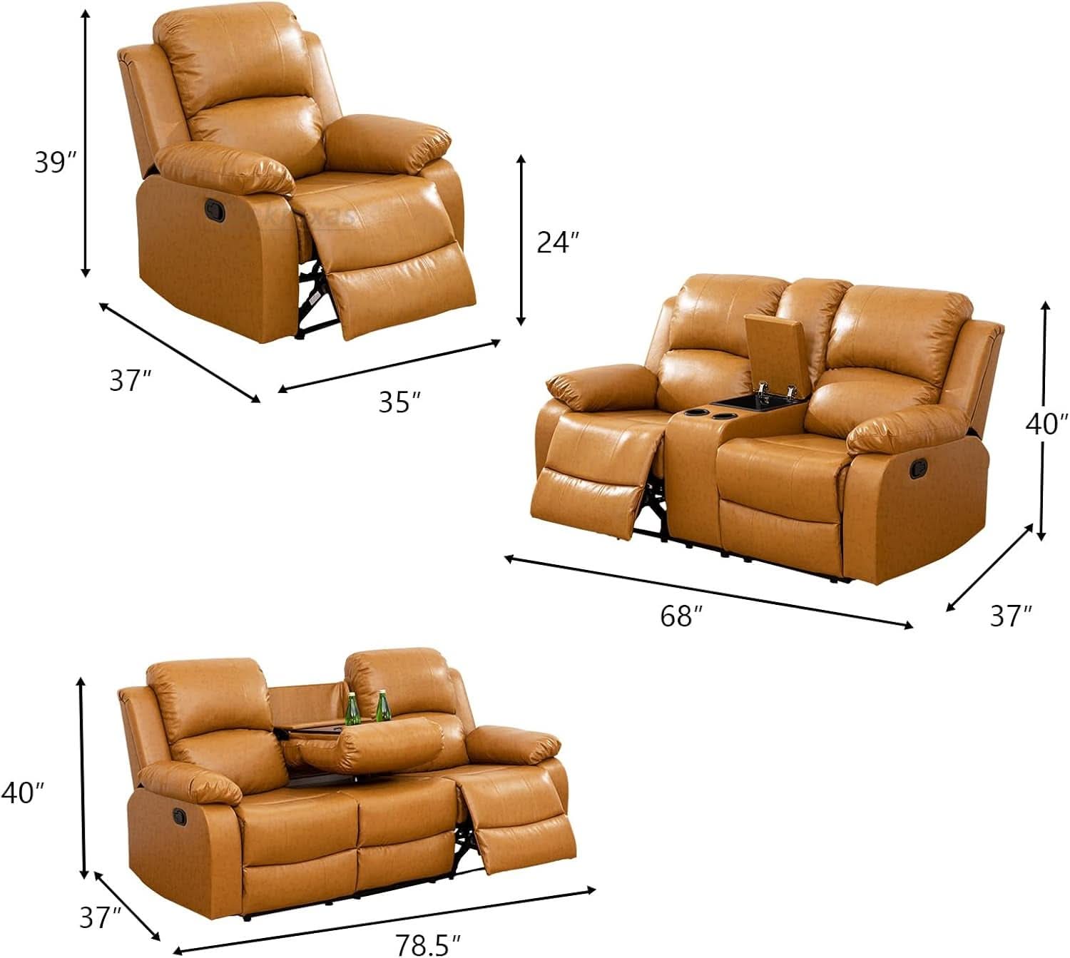 Manual Recliner Sofa Set Ginger Vegan Leather Cupholders