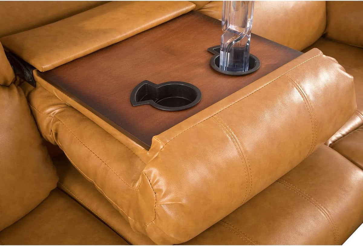 Manual Recliner Sofa Set Ginger Vegan Leather Cupholders