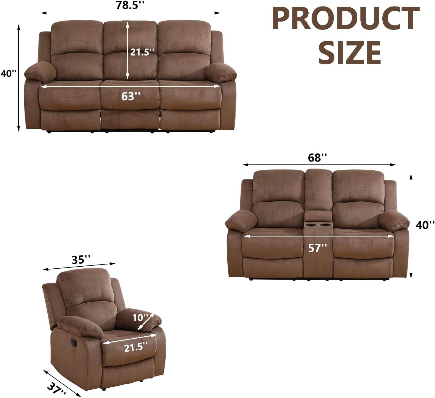 Manual Recliner Sofa Set In Brown Microfiber 3 Piece