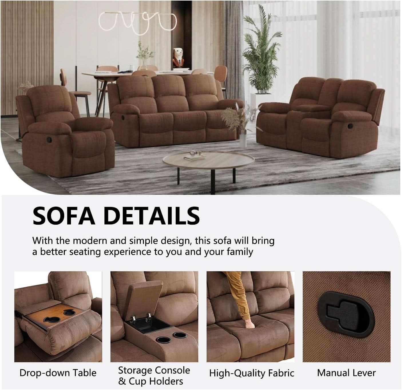 Manual Recliner Sofa Set In Brown Microfiber 3 Piece