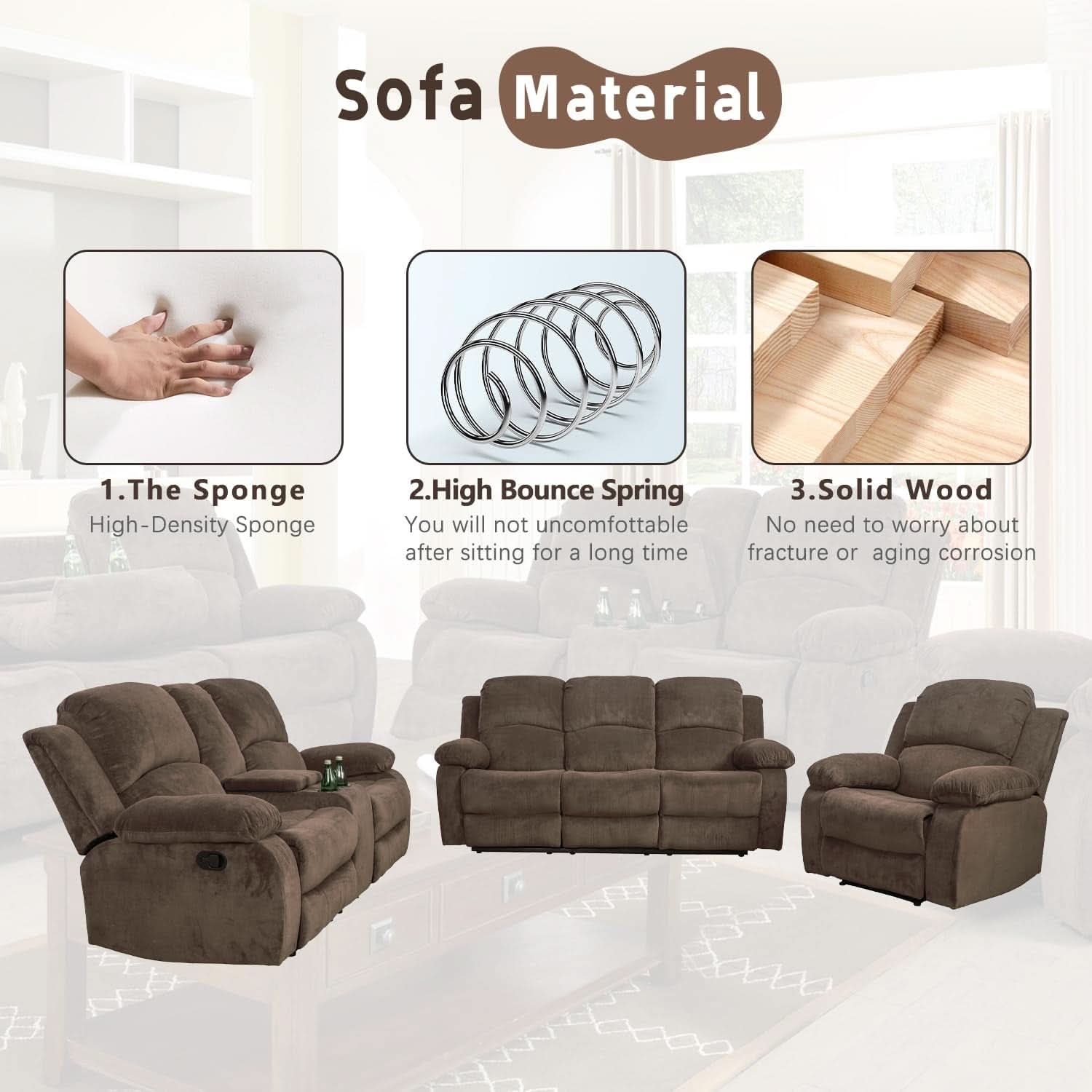 Manual Recliner Sofa Set In Brown Microfiber 3 Piece