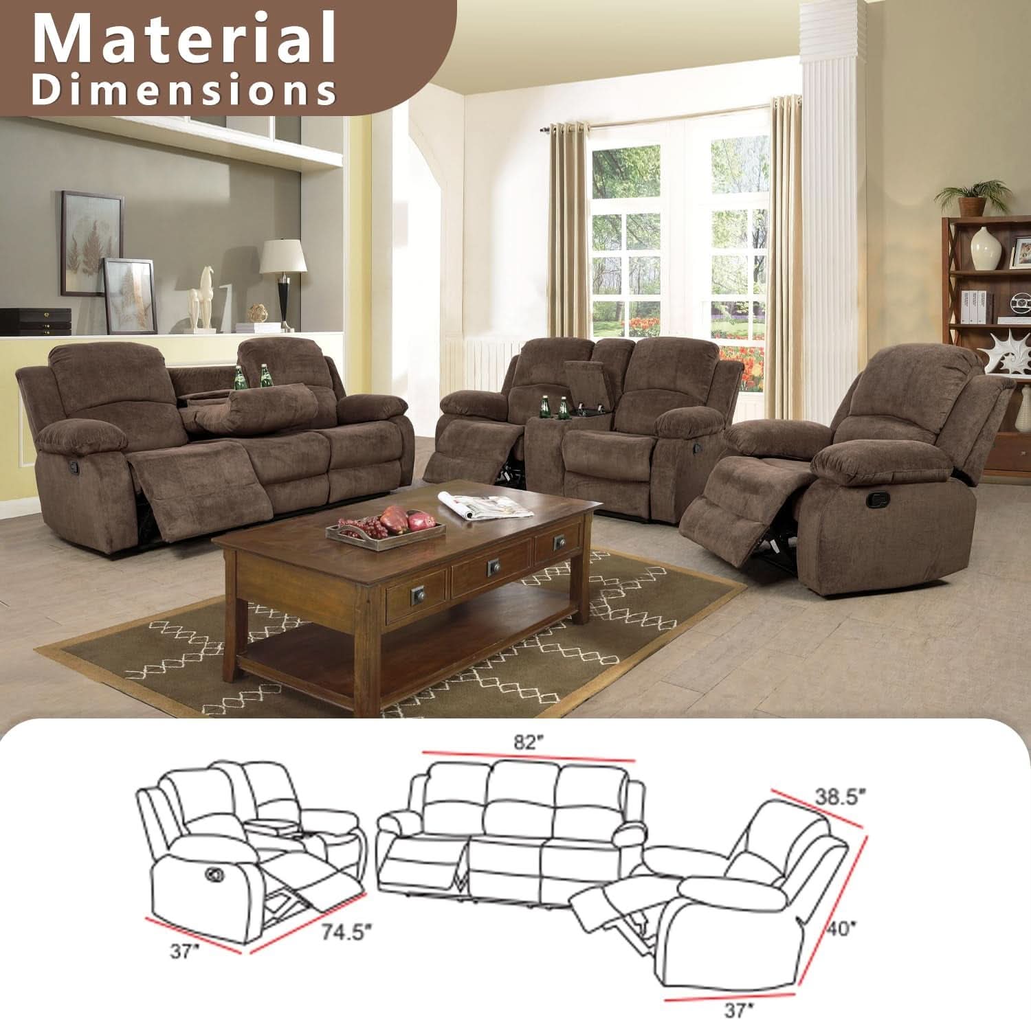 Manual Recliner Sofa Set In Brown Microfiber 3 Piece