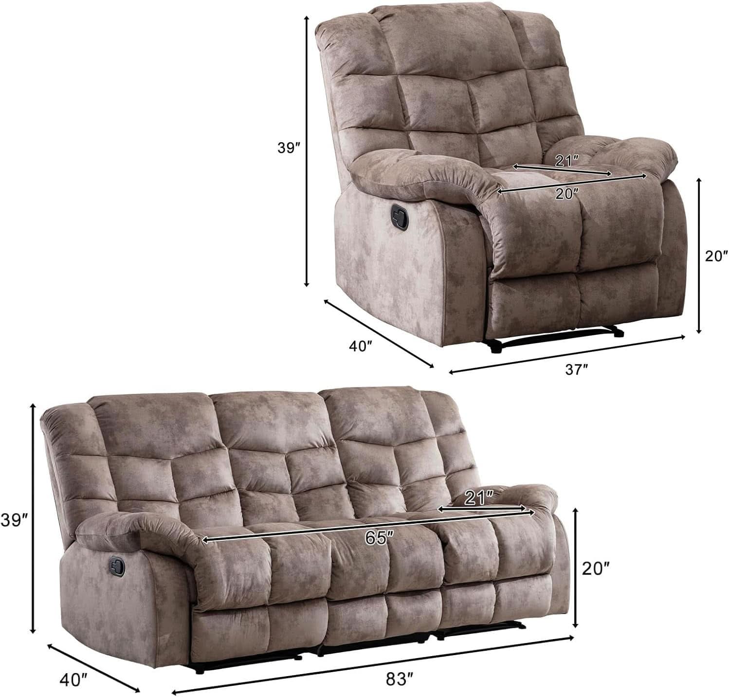 Manual Recliner Sofa Set Memory Foam Cushions Brown
