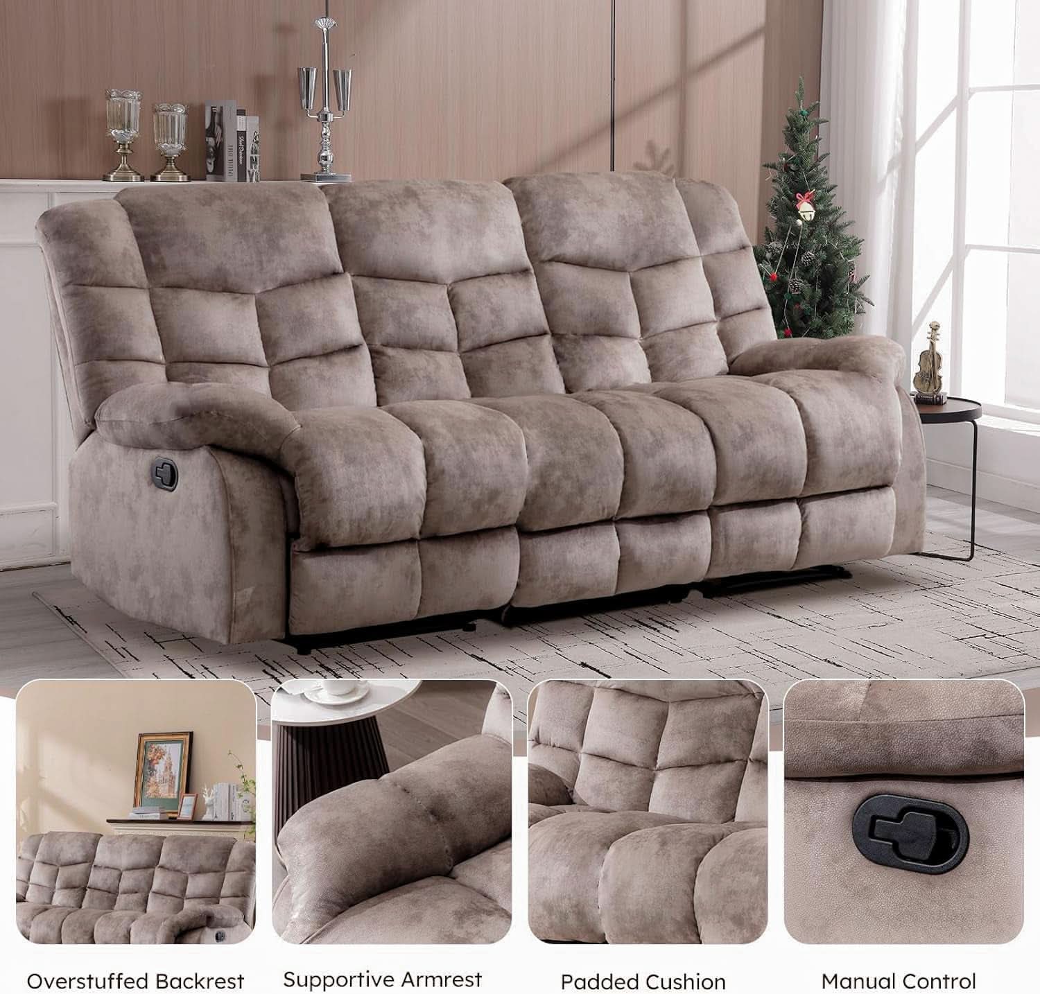 Manual Recliner Sofa Set Memory Foam Cushions Brown