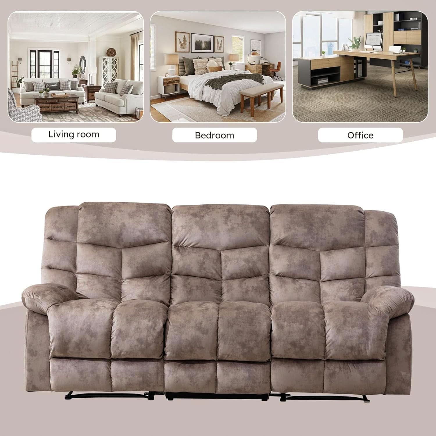 Manual Recliner Sofa Set Memory Foam Cushions Brown
