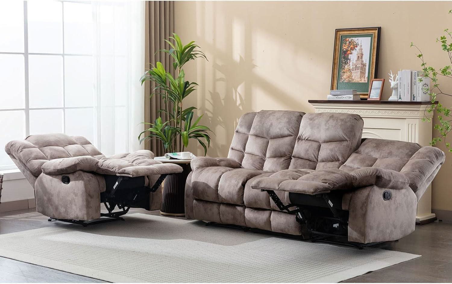 Manual Recliner Sofa Set Memory Foam Cushions Brown