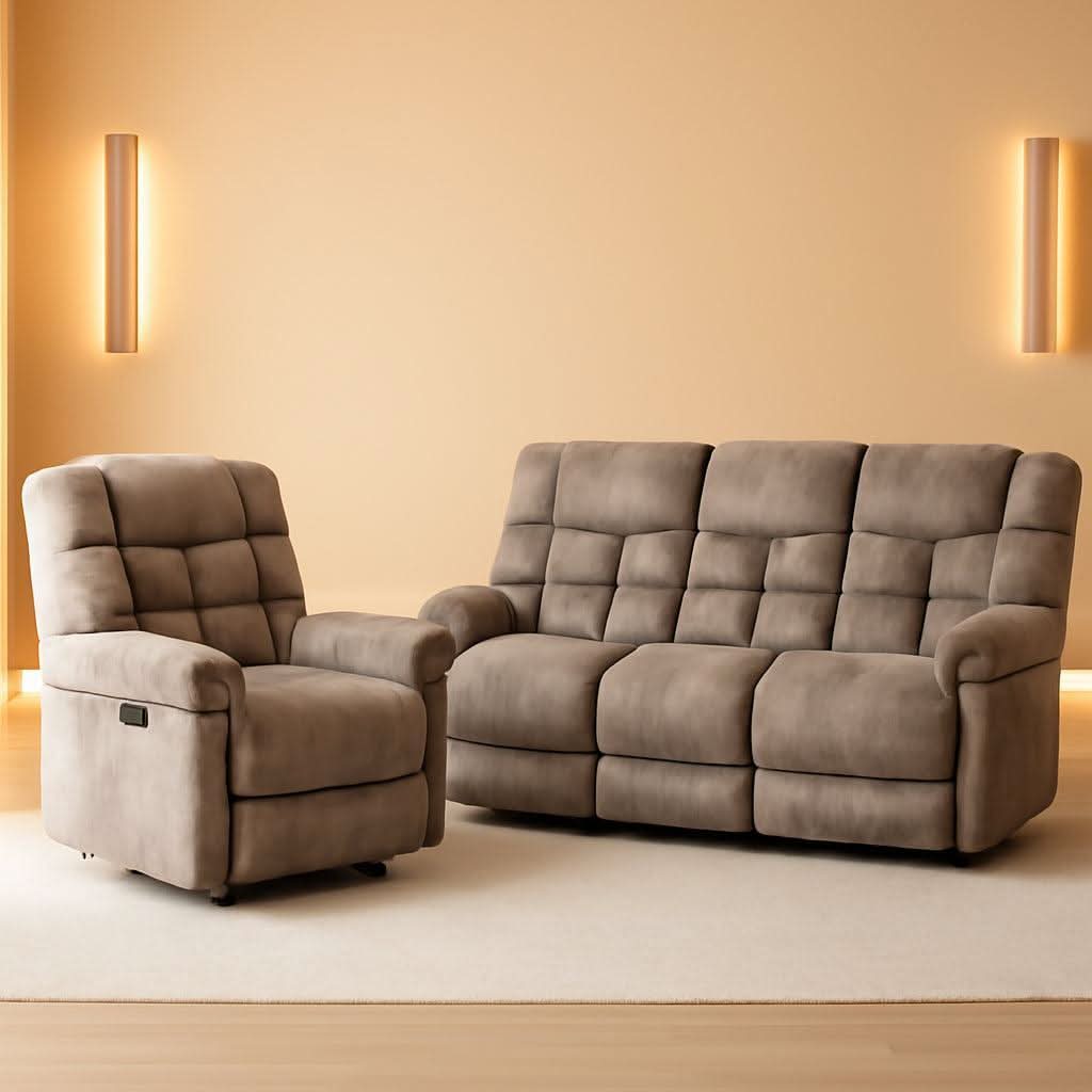 Manual Recliner Sofa Set Memory Foam Cushions Brown