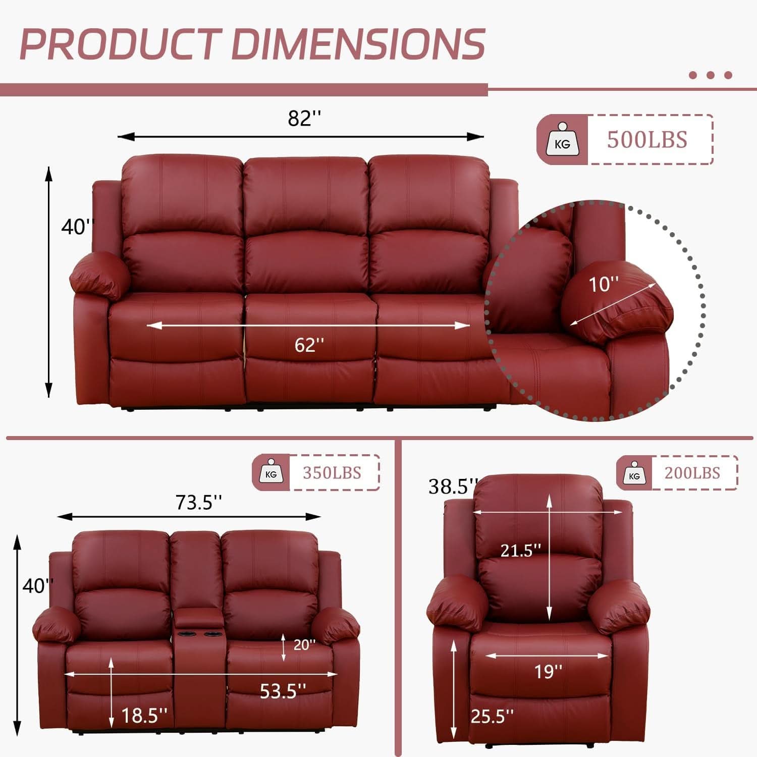 Manual Recliner Sofa Set Red Bonded Leather With Cup Holders