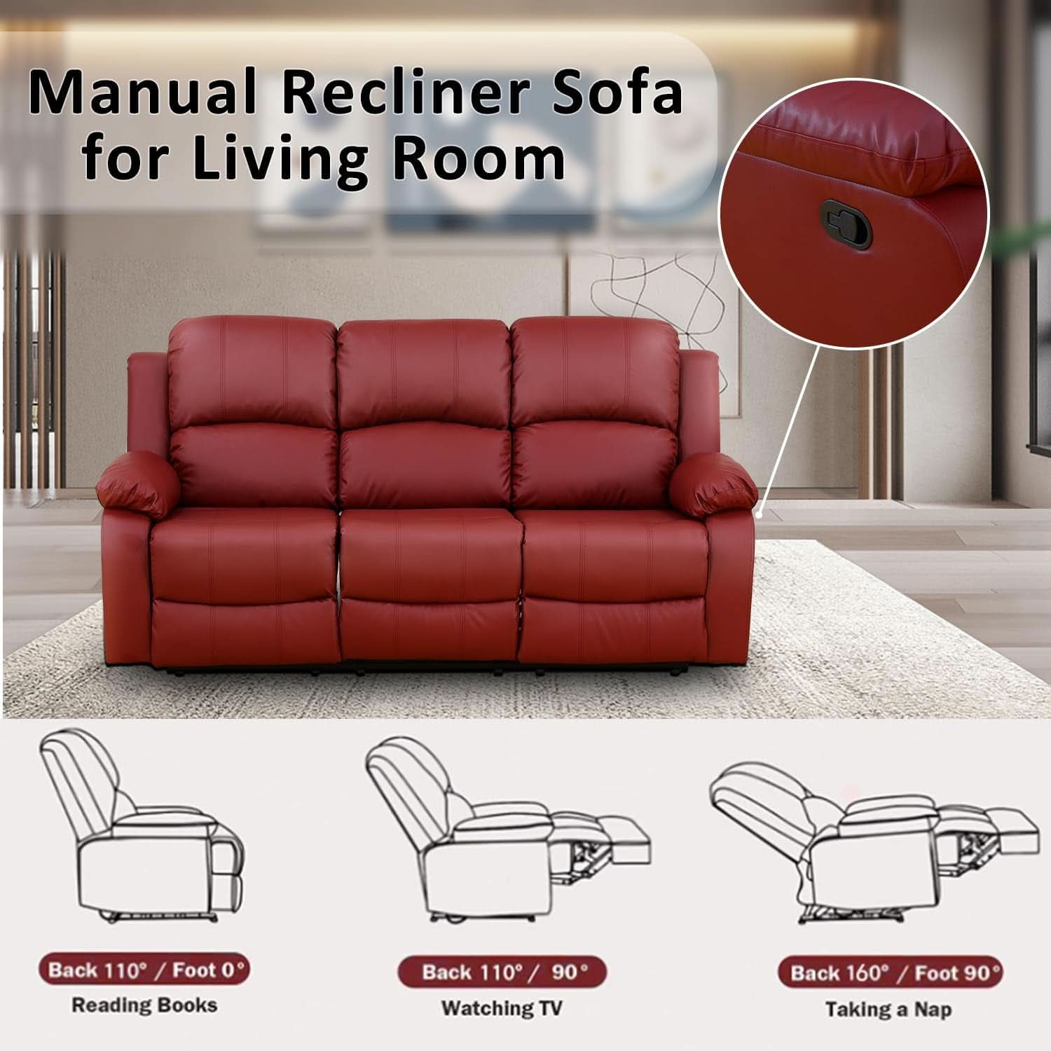 Manual Recliner Sofa Set Red Bonded Leather With Cup Holders