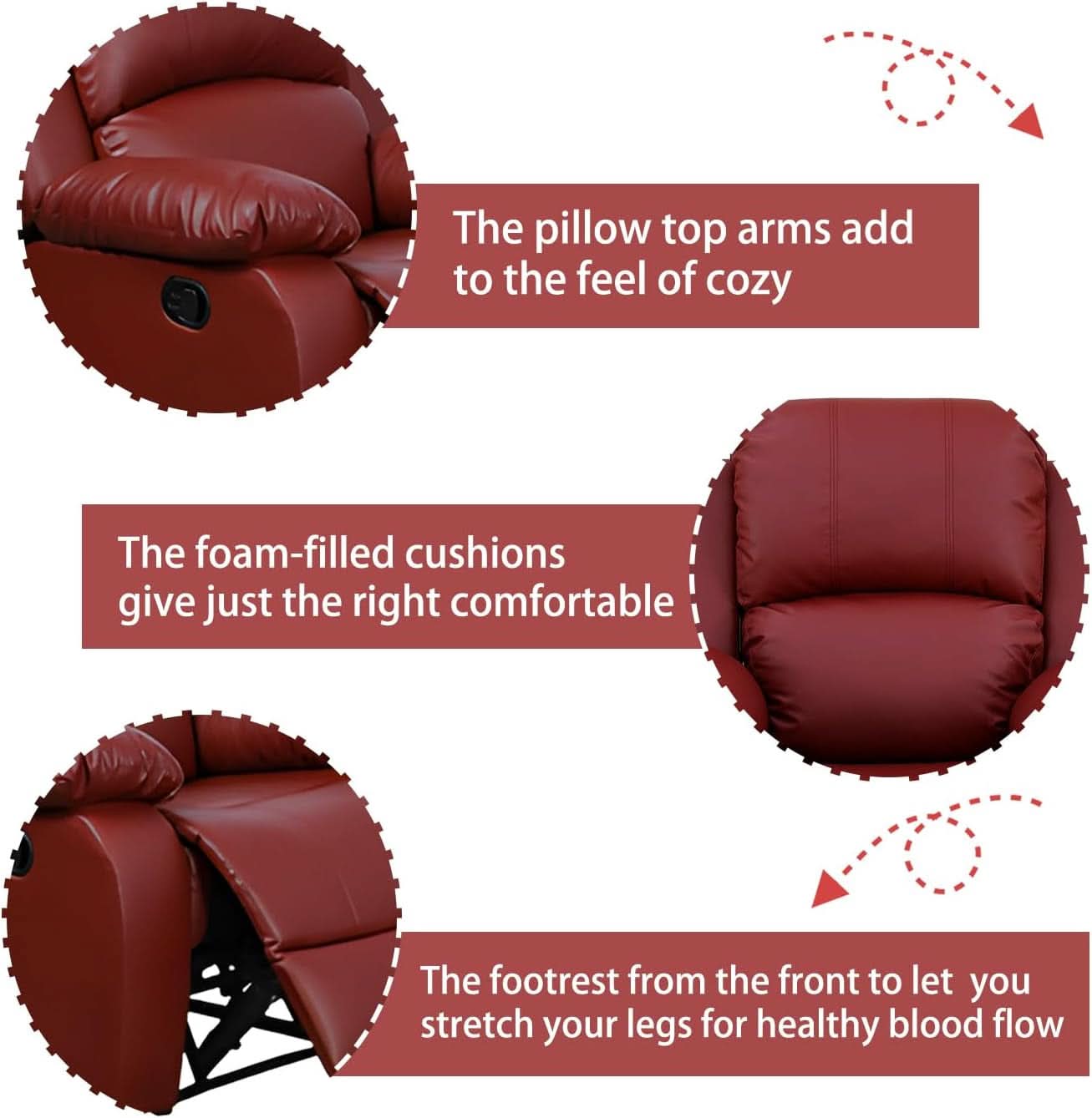 Manual Recliner Sofa Set Red Bonded Leather With Cup Holders