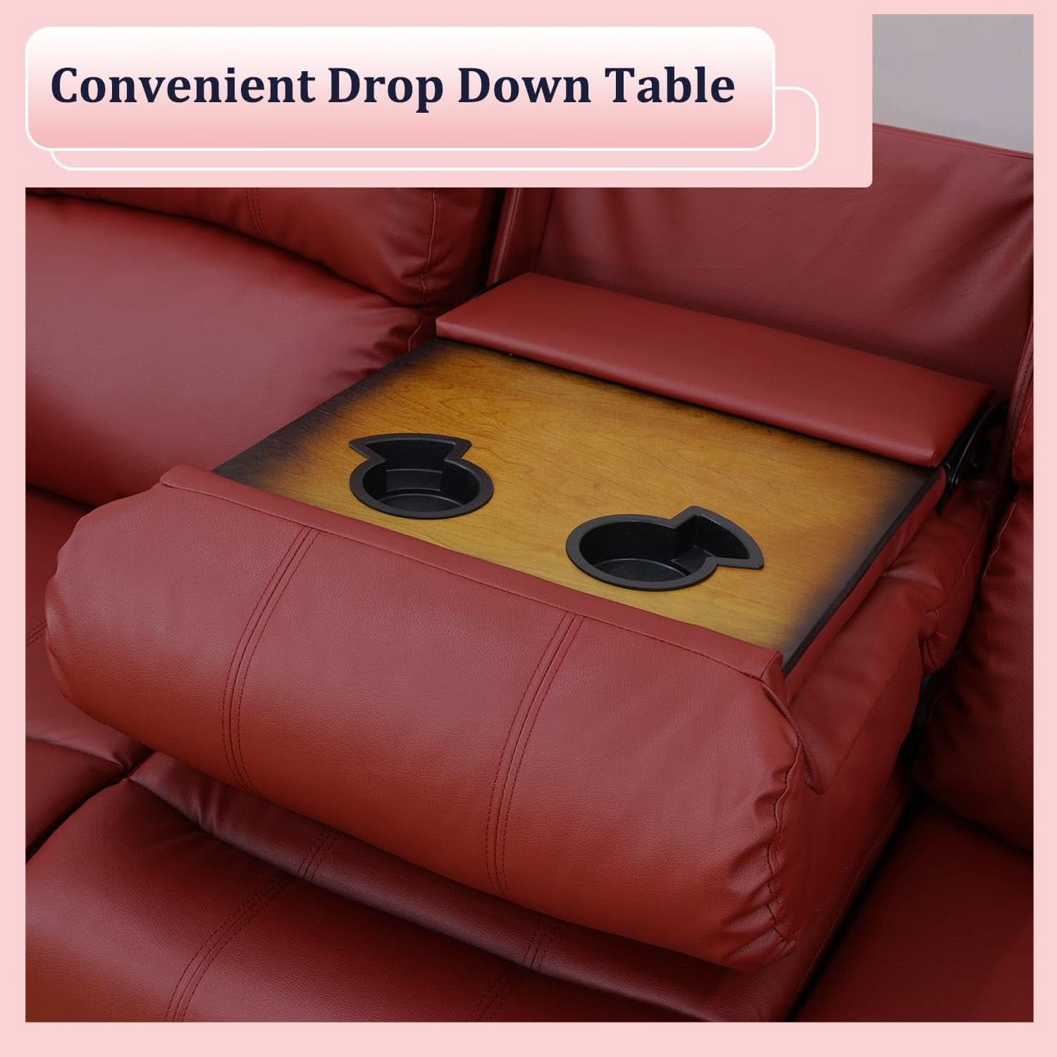 Manual Recliner Sofa Set Red Bonded Leather With Cup Holders