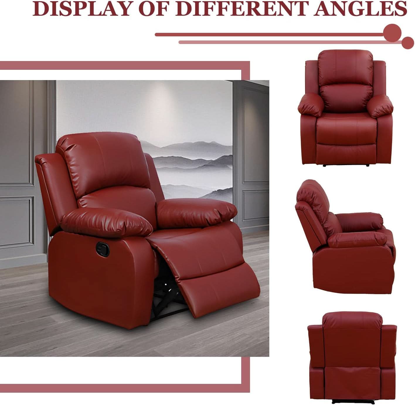 Manual Recliner Sofa Set Red Bonded Leather With Cup Holders