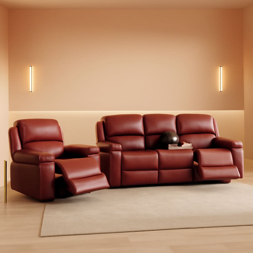Manual Recliner Sofa Set Red Bonded Leather With Cup Holders