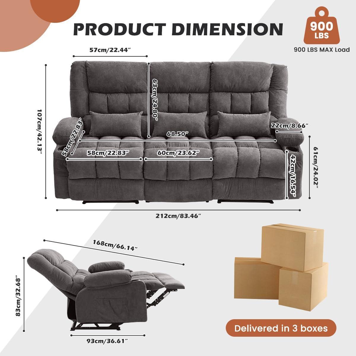 Manual Recliner Sofa With Cup Holders Fabric Upholstery