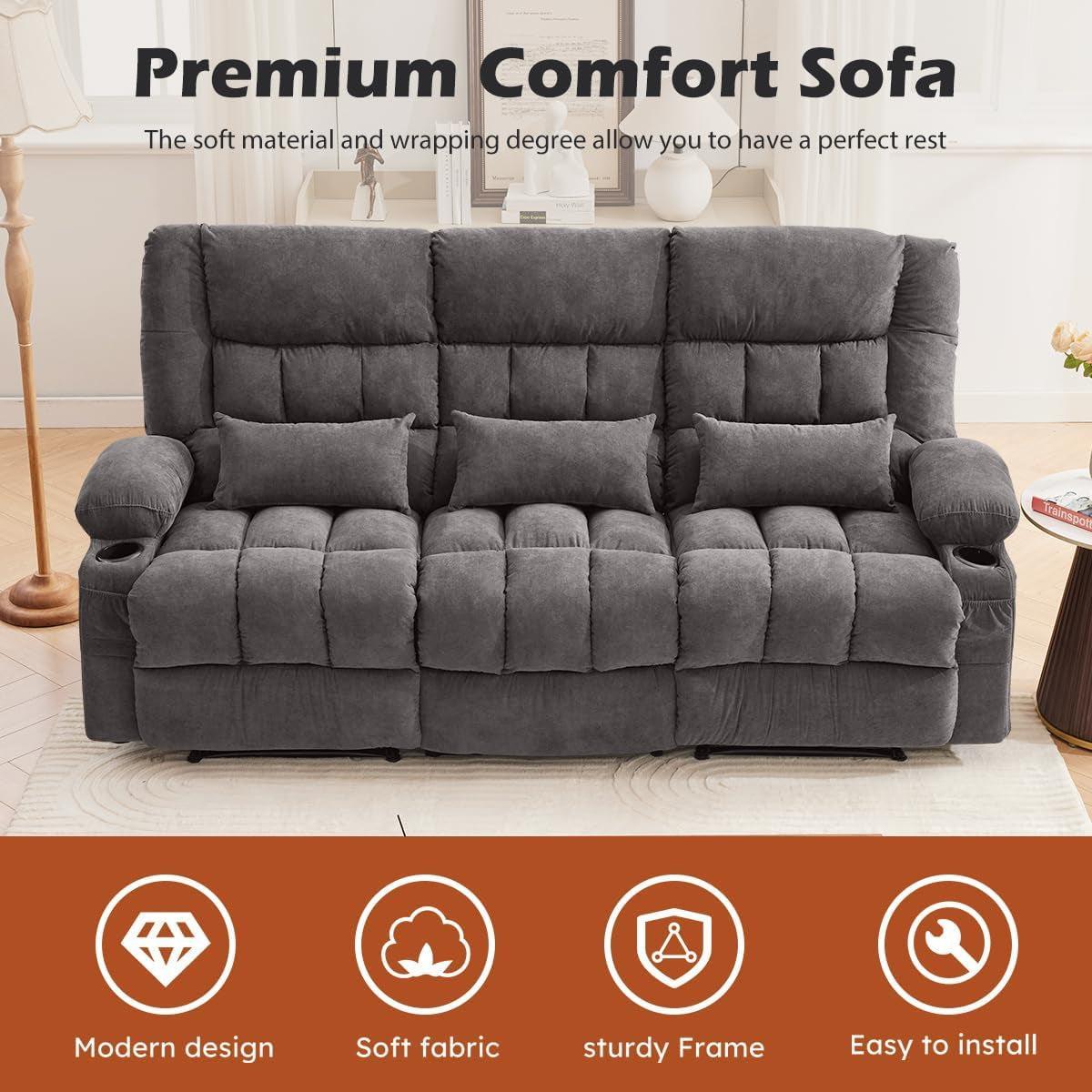 Manual Recliner Sofa With Cup Holders Fabric Upholstery