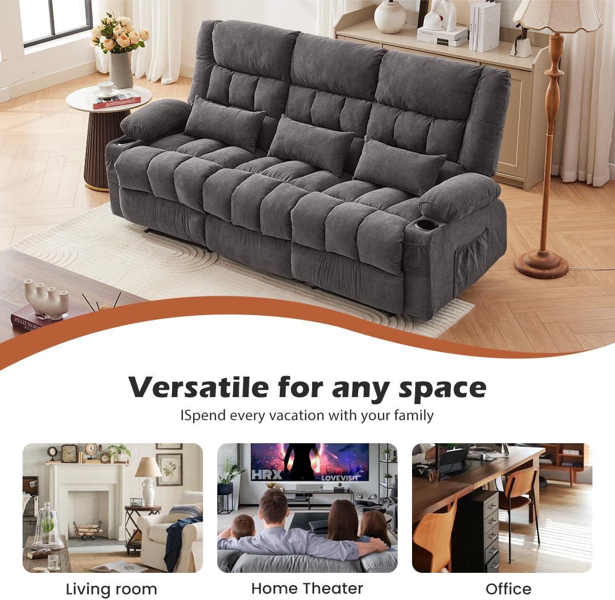 Manual Recliner Sofa With Cup Holders Fabric Upholstery