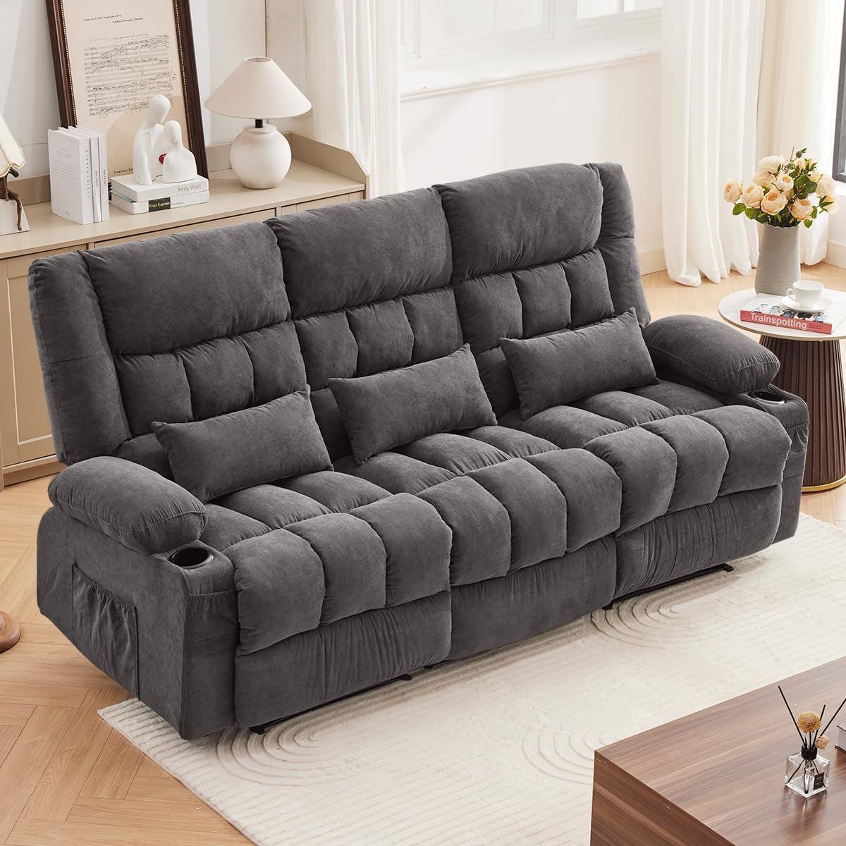 Manual Recliner Sofa With Cup Holders Fabric Upholstery