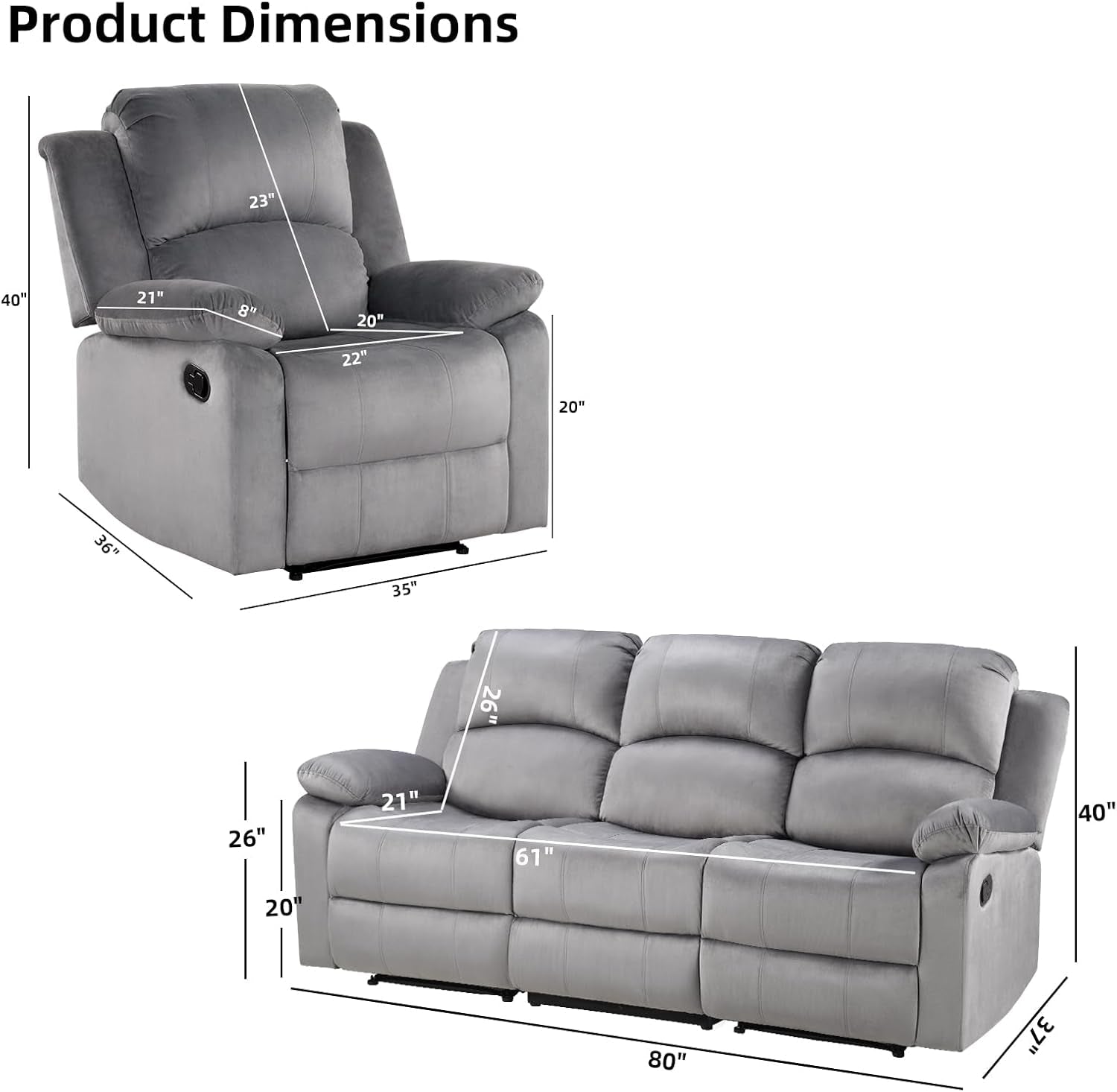 Manual Reclining Sofa Set Grey Microfiber Two Piece