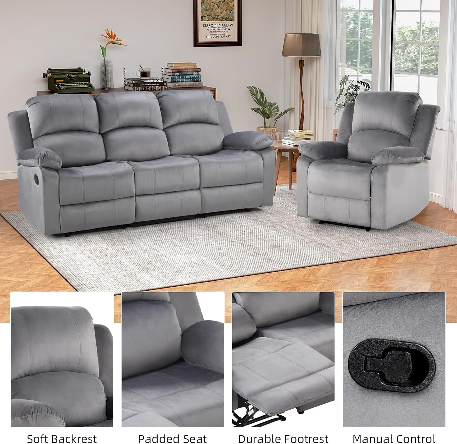 Manual Reclining Sofa Set Grey Microfiber Two Piece