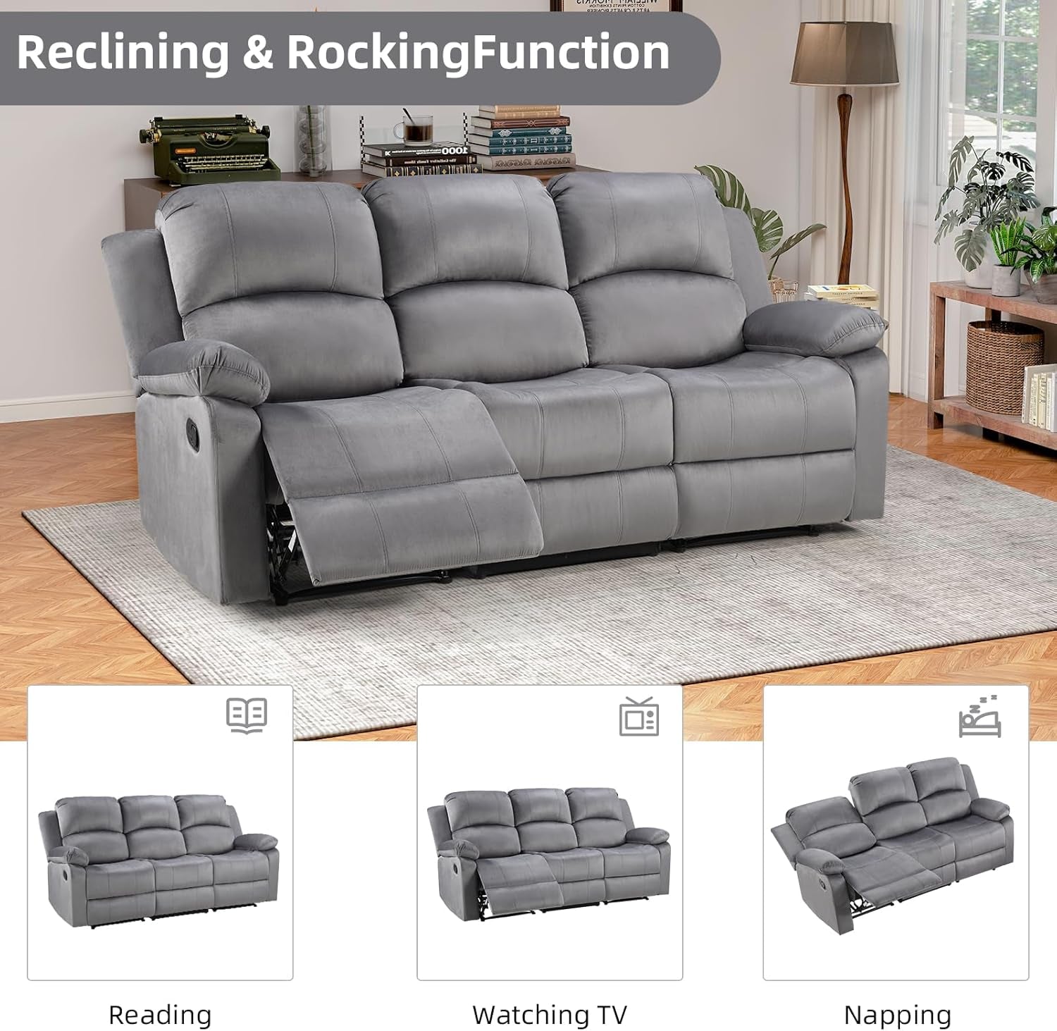 Manual Reclining Sofa Set Grey Microfiber Two Piece