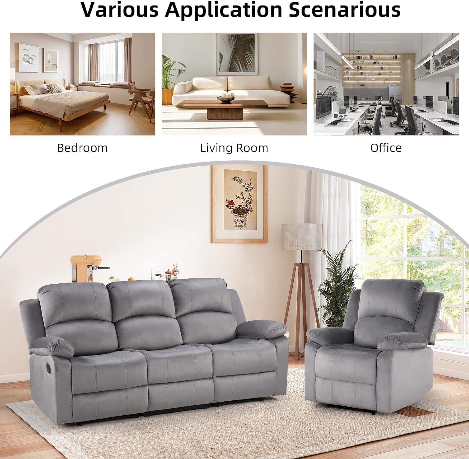 Manual Reclining Sofa Set Grey Microfiber Two Piece
