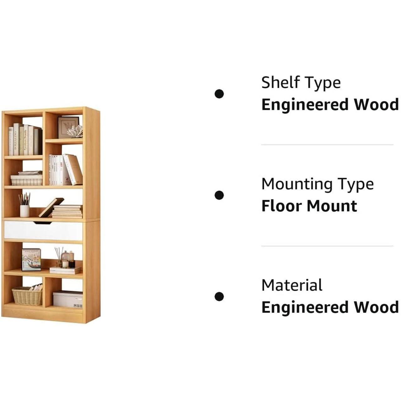 Maple Yellow Wooden Bookcase With Drawer And Cube Shelves