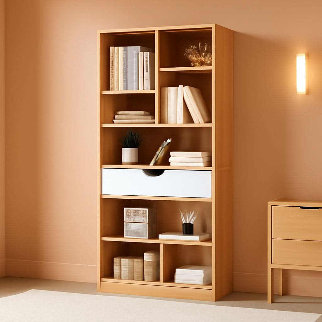 Maple Yellow Wooden Bookcase With Drawer And Cube Shelves