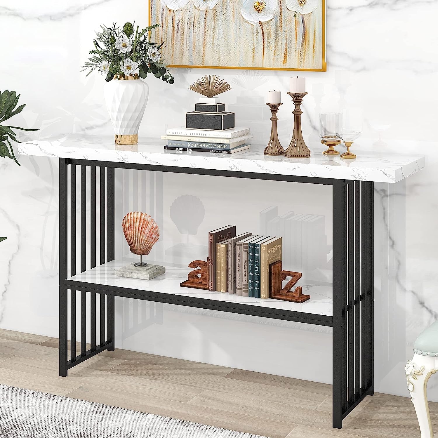 Marble Top Console Table With Storage Shelf For Living Room