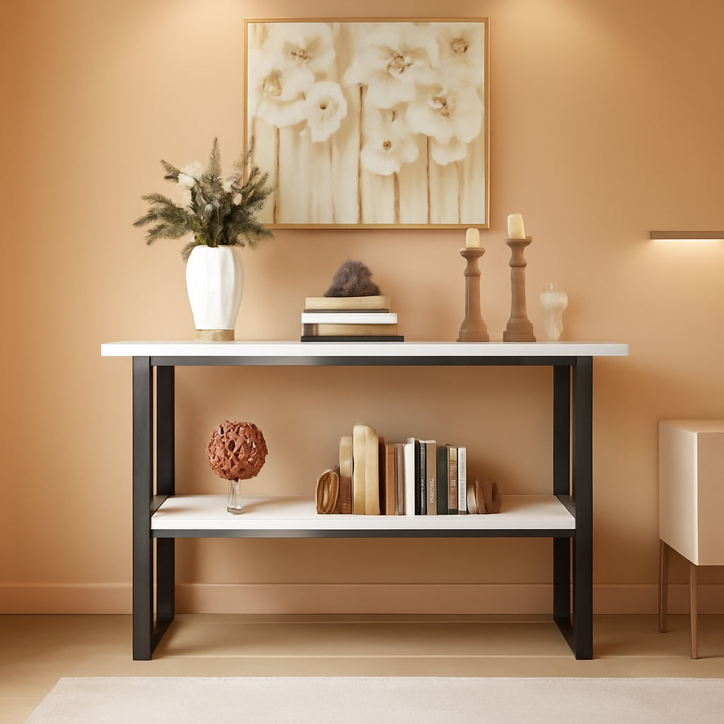 Marble Top Console Table With Storage Shelf For Living Room