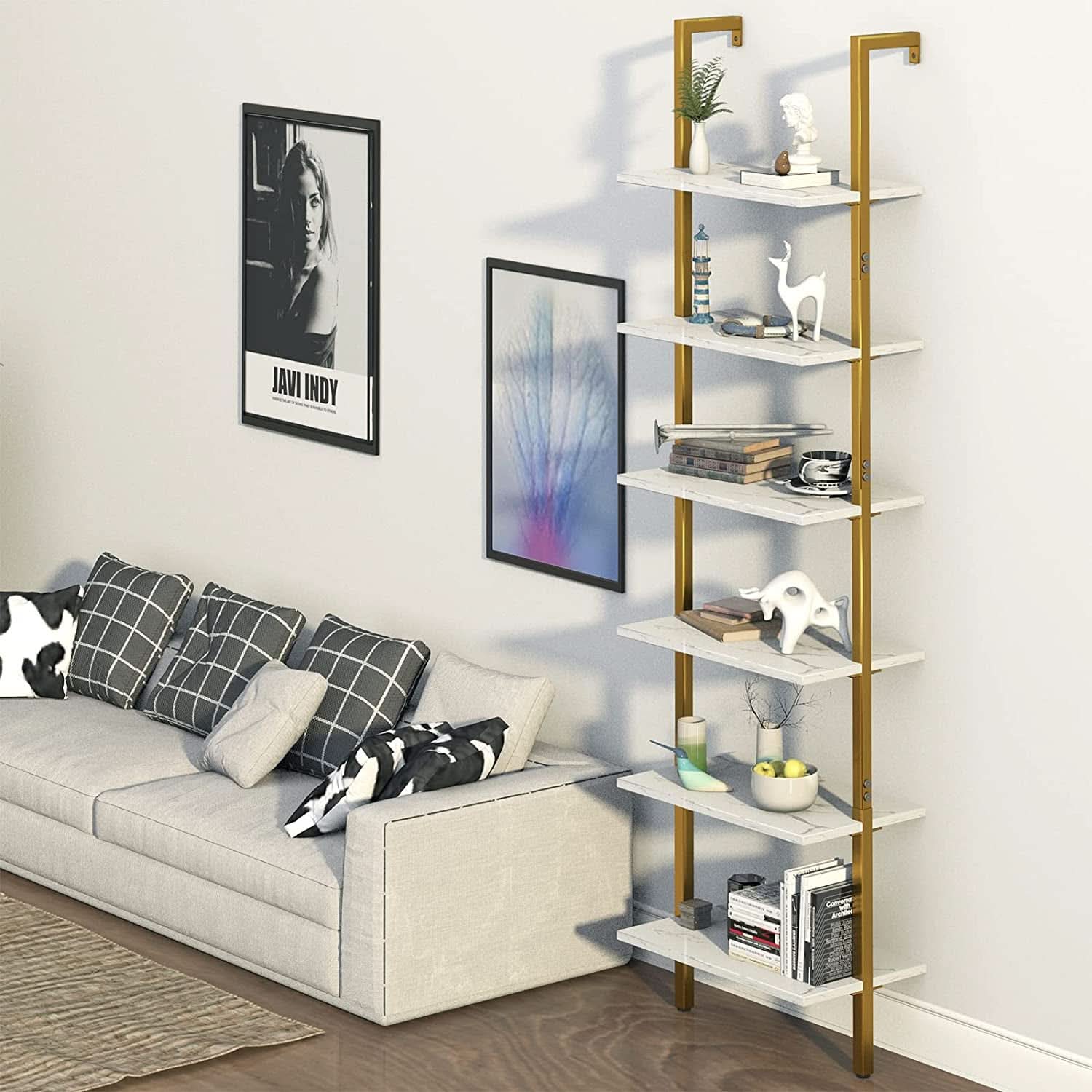 Marble White 6 Tier Ladder Shelf Bookcase Wall Mounted