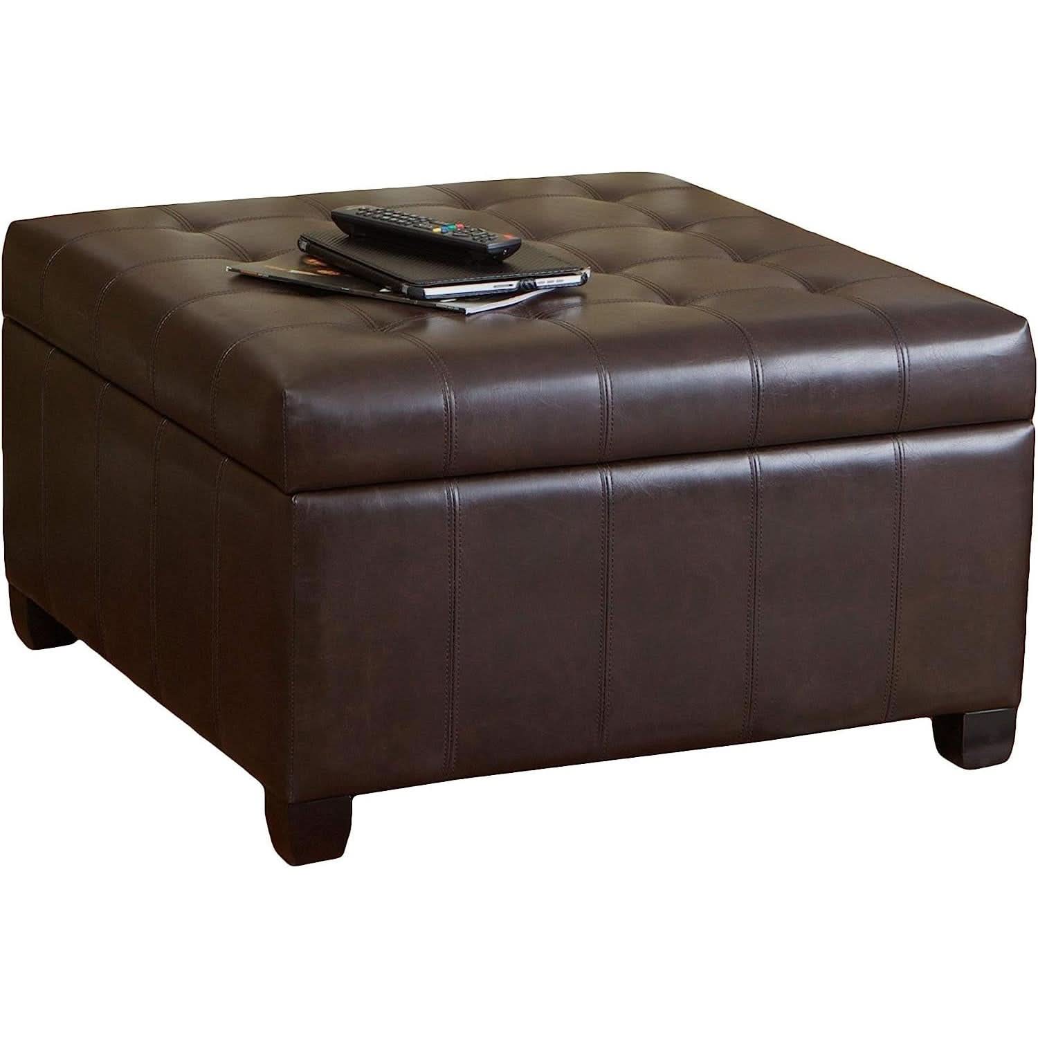 Marbled Brown Leather Storage Ottoman for Living Room