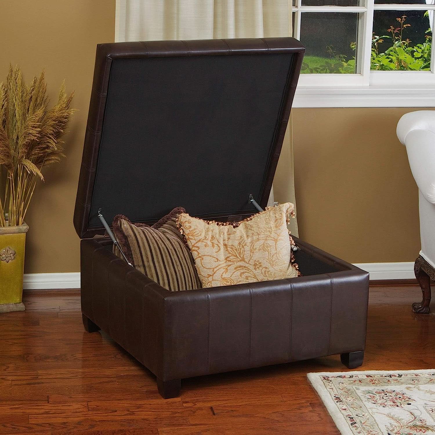 Marbled Brown Leather Storage Ottoman for Living Room
