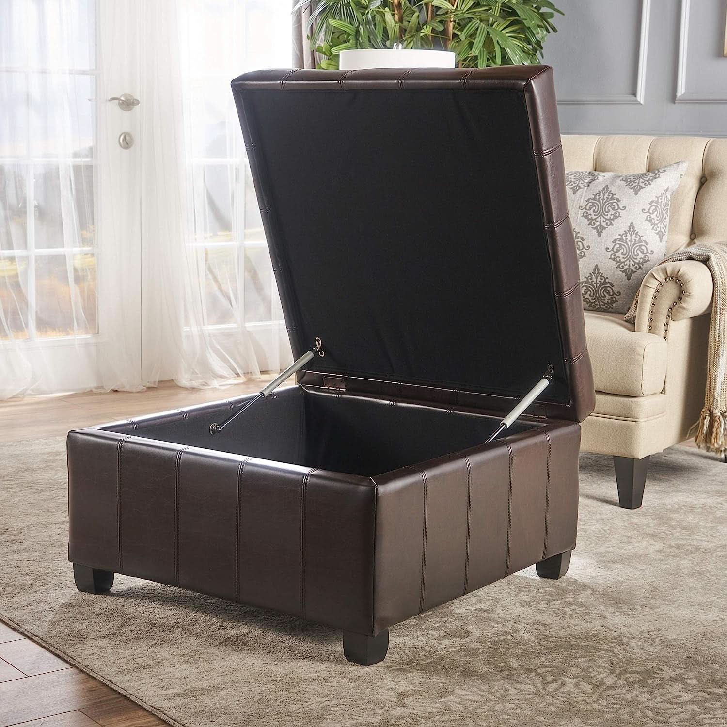 Marbled Brown Leather Storage Ottoman for Living Room