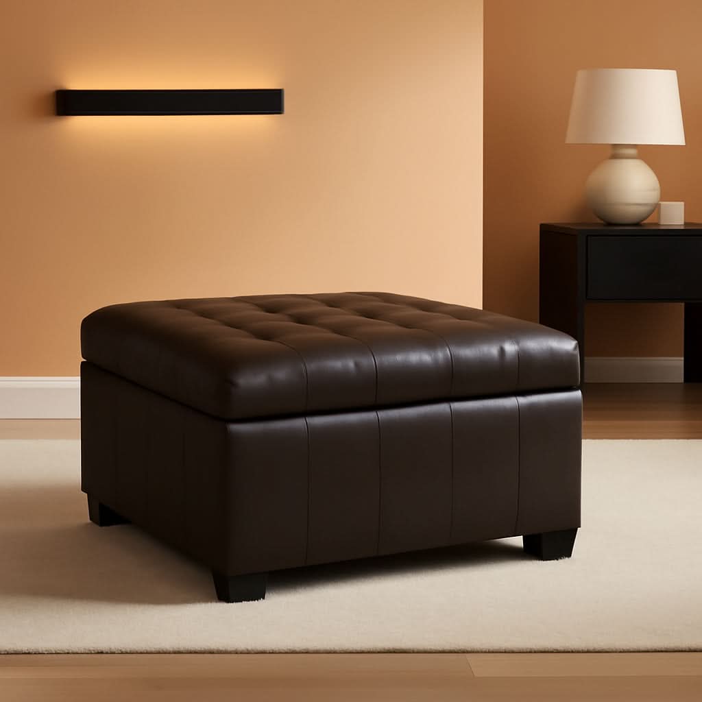 Marbled Brown Leather Storage Ottoman for Living Room