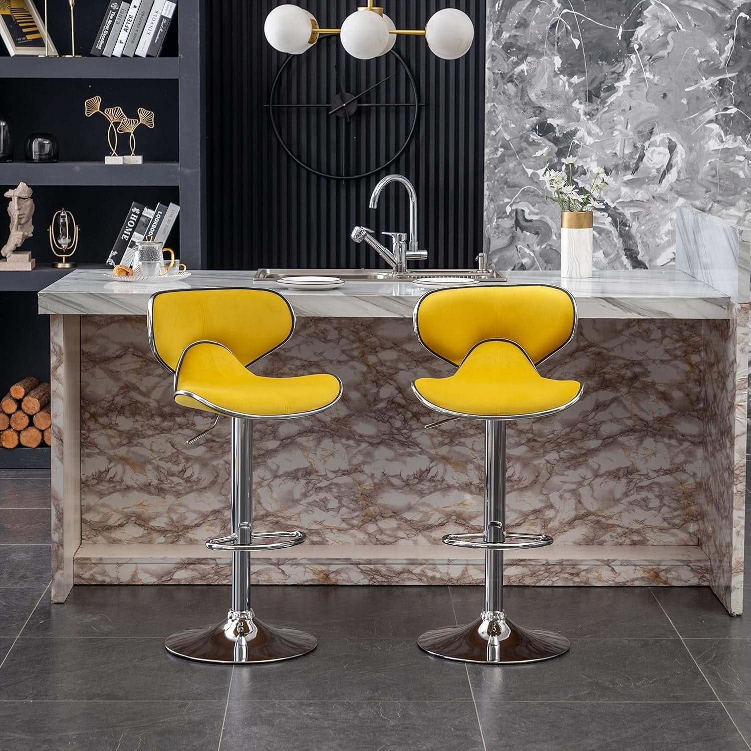 Masaccio Velvet Adjustable Swivel Bar Stool Set Of 2 Yellow
