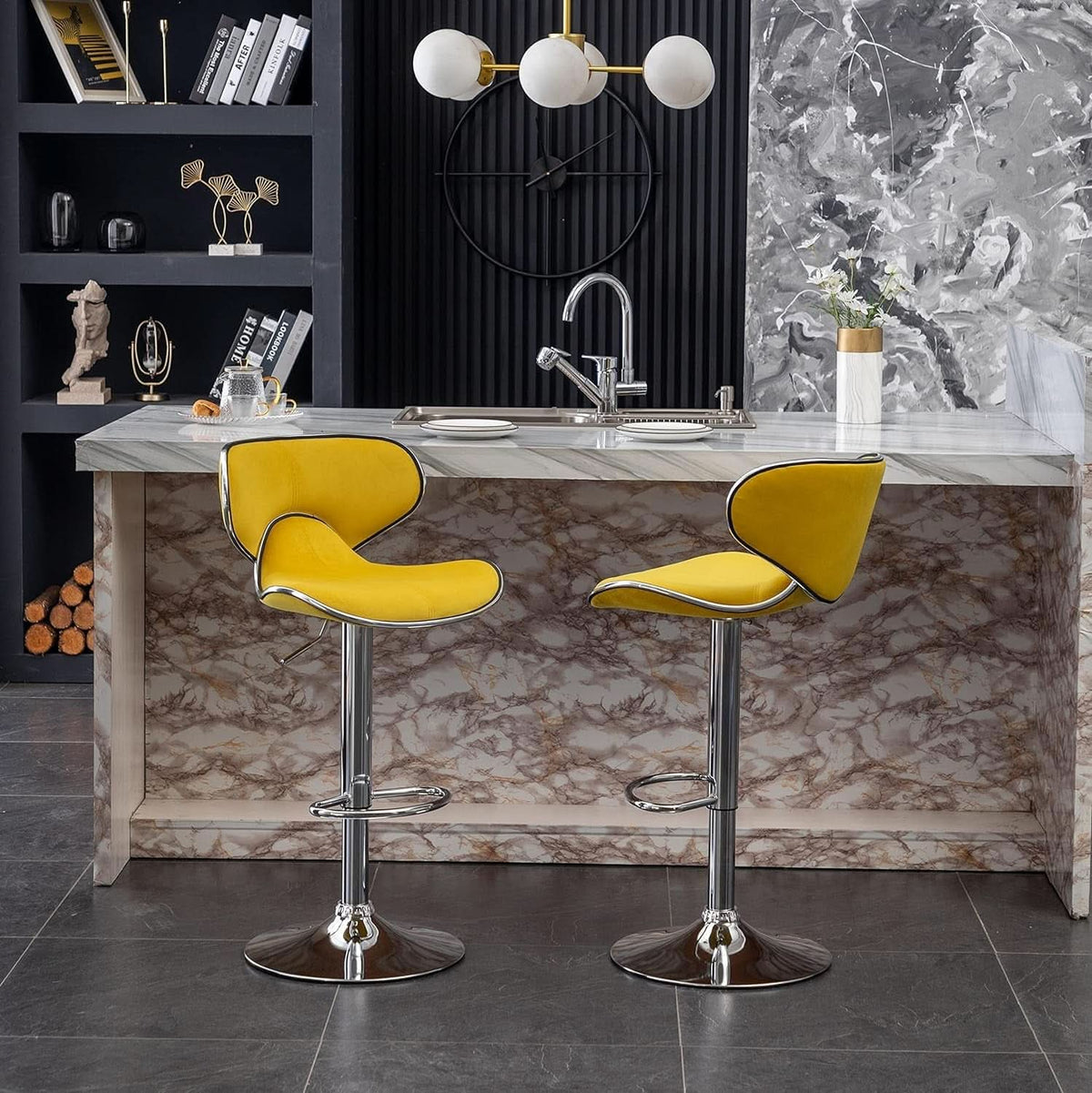 Masaccio Velvet Adjustable Swivel Bar Stool Set Of 2 Yellow