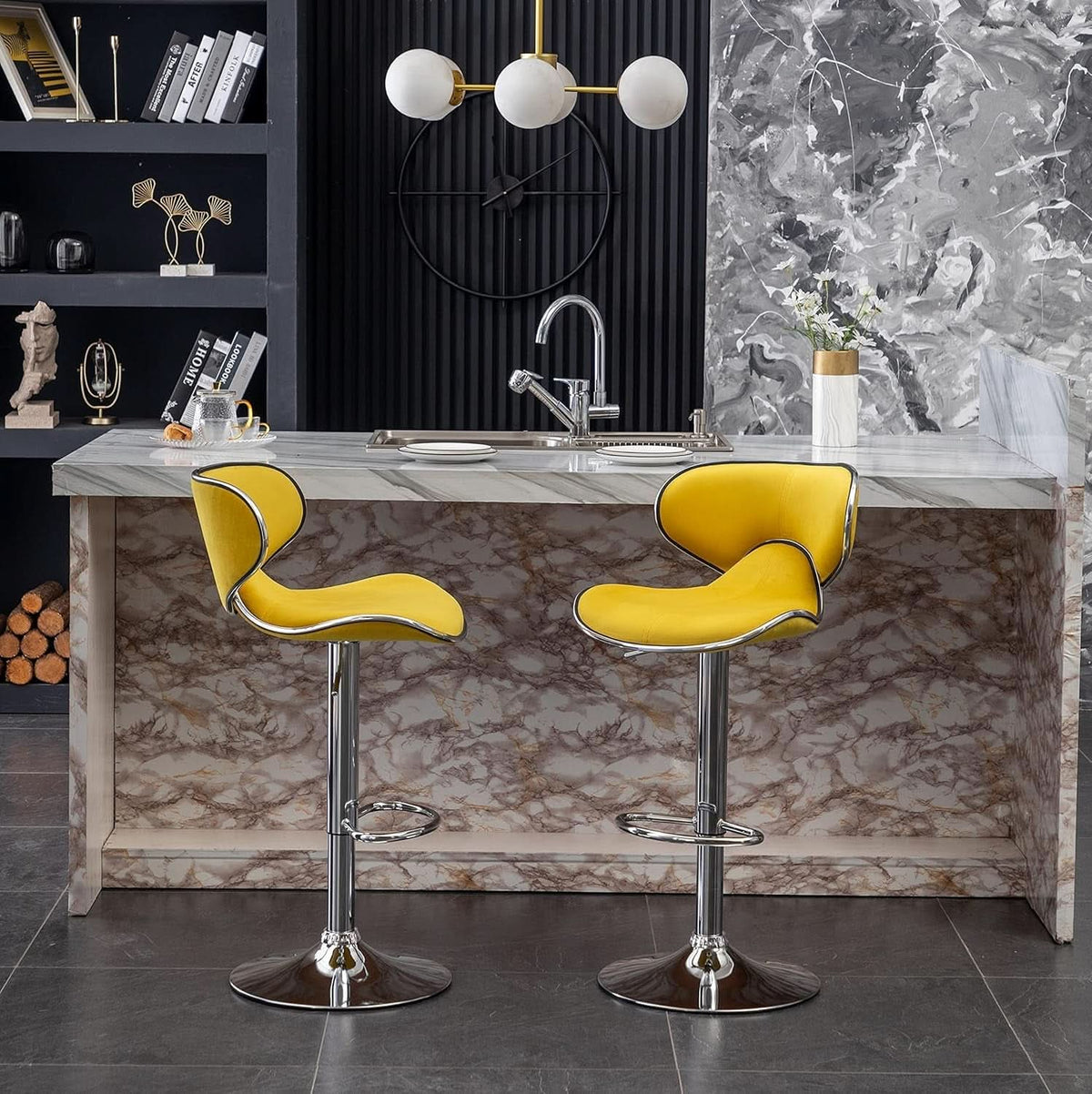 Masaccio Velvet Adjustable Swivel Bar Stool Set Of 2 Yellow