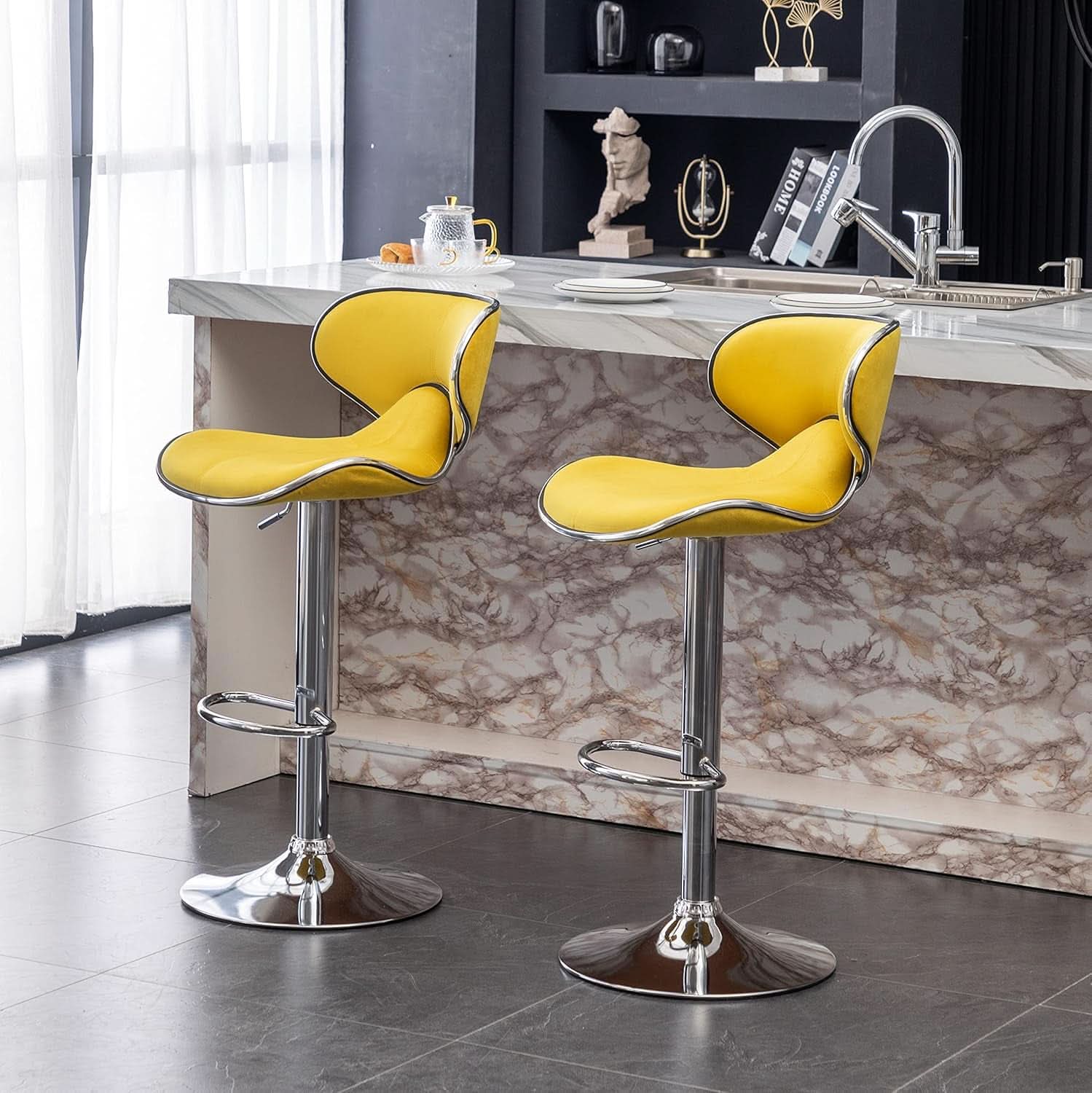 Masaccio Velvet Adjustable Swivel Bar Stool Set Of 2 Yellow