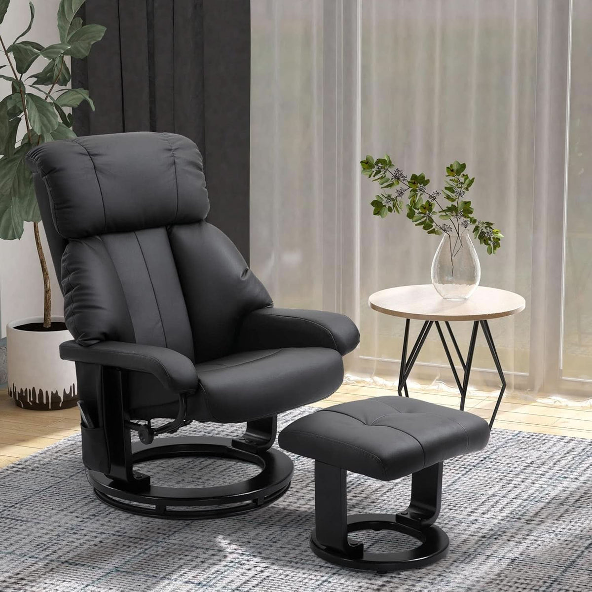 Massage Recliner Chair With Ottoman 360 Degree Swivel Black PU Leather