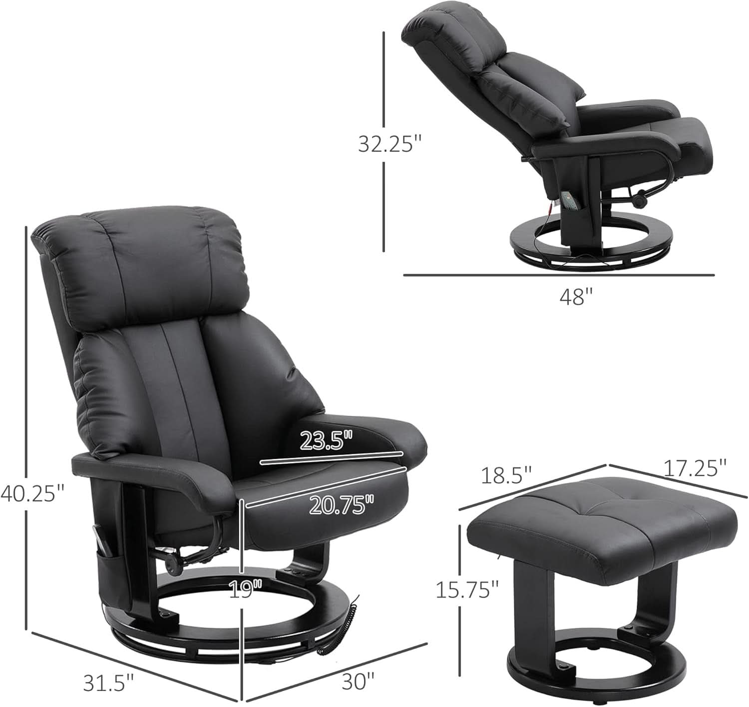 Massage Recliner Chair With Ottoman 360 Degree Swivel Black PU Leather