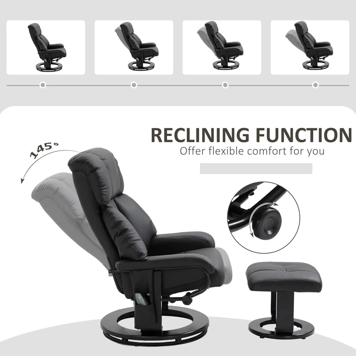 Massage Recliner Chair With Ottoman 360 Degree Swivel Black PU Leather