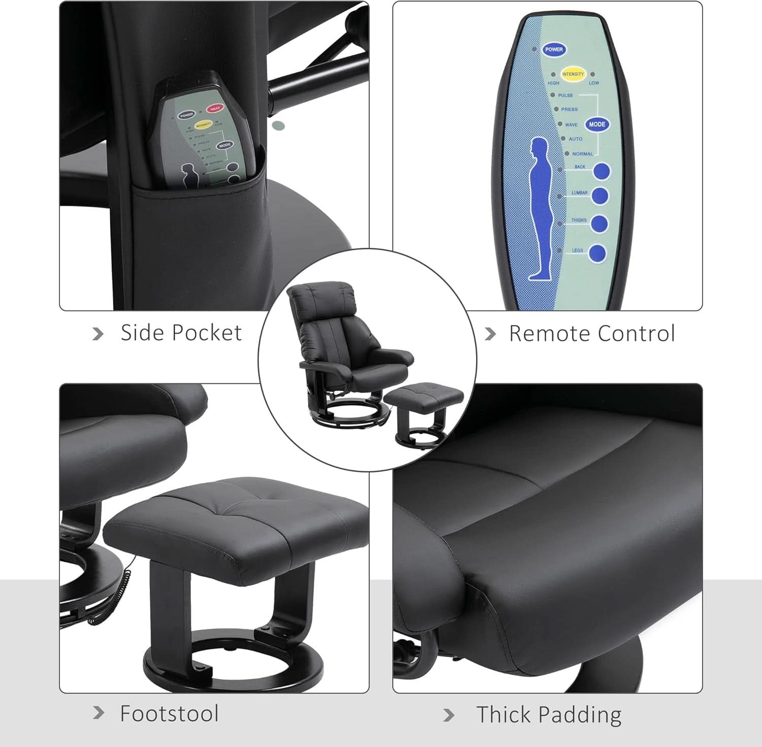 Massage Recliner Chair With Ottoman 360 Degree Swivel Black PU Leather
