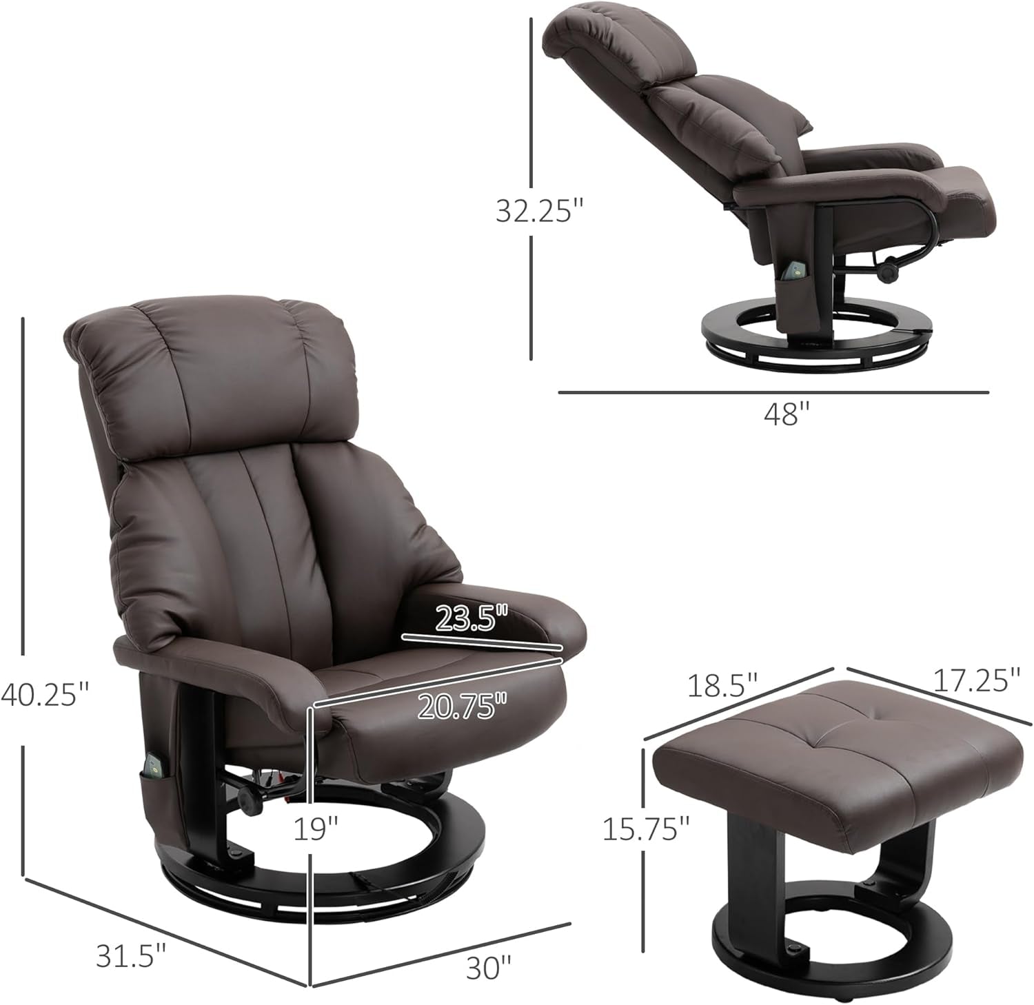 Massage Recliner Chair With Ottoman Brown 360 Degree Swivel