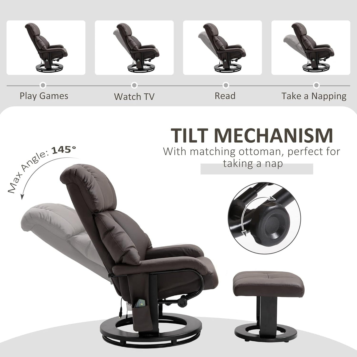 Massage Recliner Chair With Ottoman Brown 360 Degree Swivel