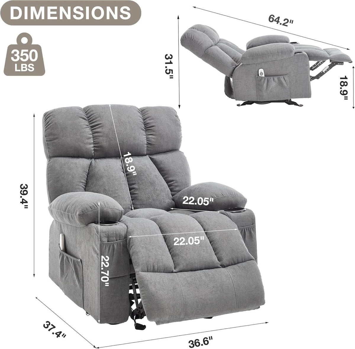 Massage Rocker Recliner Chair With Heat And Vibration Grey