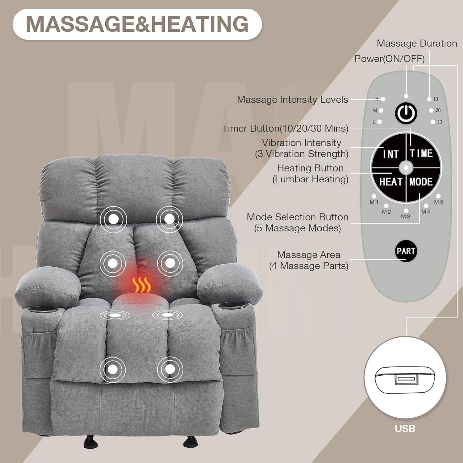 Massage Rocker Recliner Chair With Heat And Vibration Grey